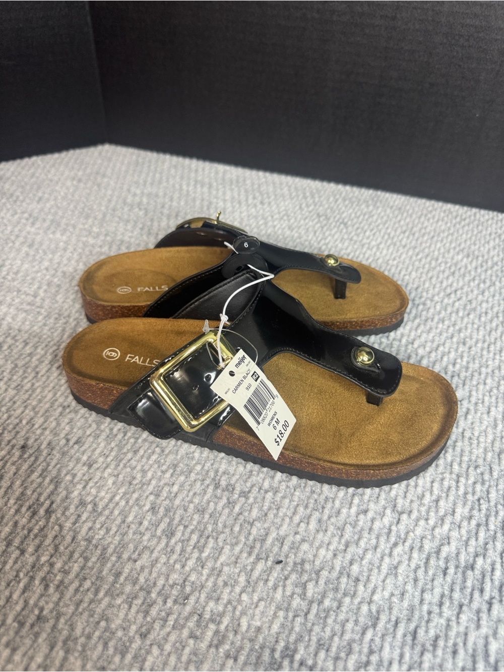 Falls Creek Black Shiny Gold Buckle Sandals Sz 6